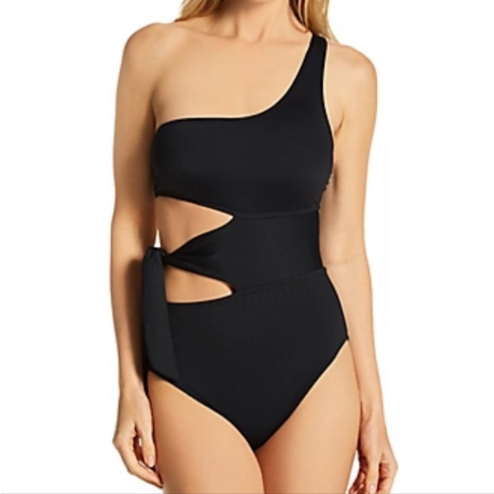 LA Blanca Swimsuit Island Goddess One Shoulder Waist Cut Out Black Size 14